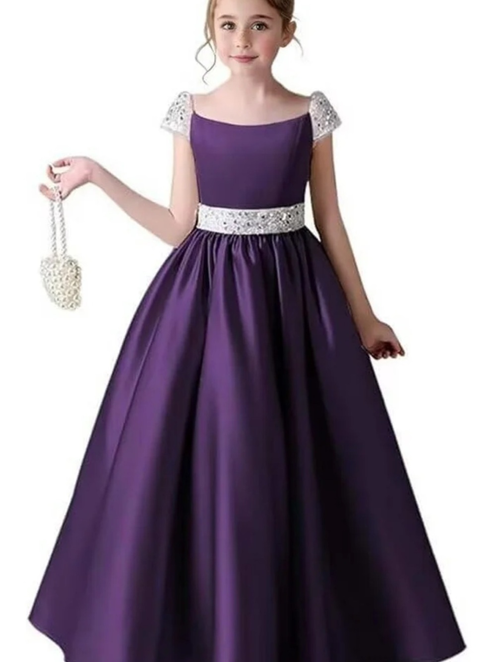 Elegant Purple Satin Flower Girl Dress with Beaded Waist